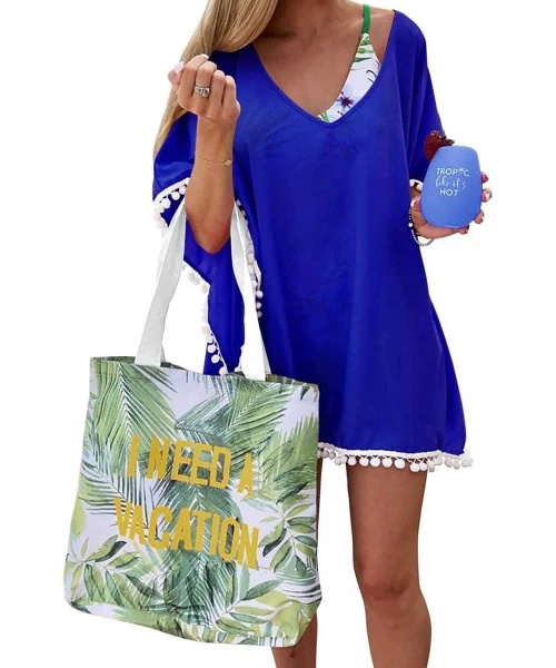 Cover-Ups Women's Pom Pom Trim Kaftan Chiffon Swimwear Beach Cover Up - 01_royal Blue - CC190HYK507