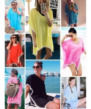 Cover-Ups Women's Pom Pom Trim Kaftan Chiffon Swimwear Beach Cover Up - 01_royal Blue - CC190HYK507