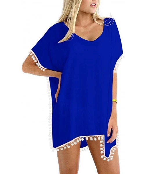 Cover-Ups Women's Pom Pom Trim Kaftan Chiffon Swimwear Beach Cover Up - 01_royal Blue - CC190HYK507