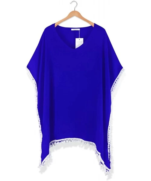 Cover-Ups Women's Pom Pom Trim Kaftan Chiffon Swimwear Beach Cover Up - 01_royal Blue - CC190HYK507