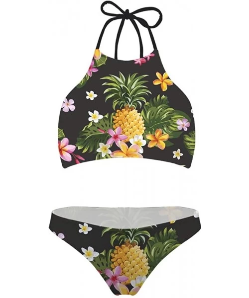 Sets Women's Tropical Plant Fruit Pattern Swimsuit High Neck Push Up Padding Bikini Sets - Pineapple 3 - CN18Q7GTWTU