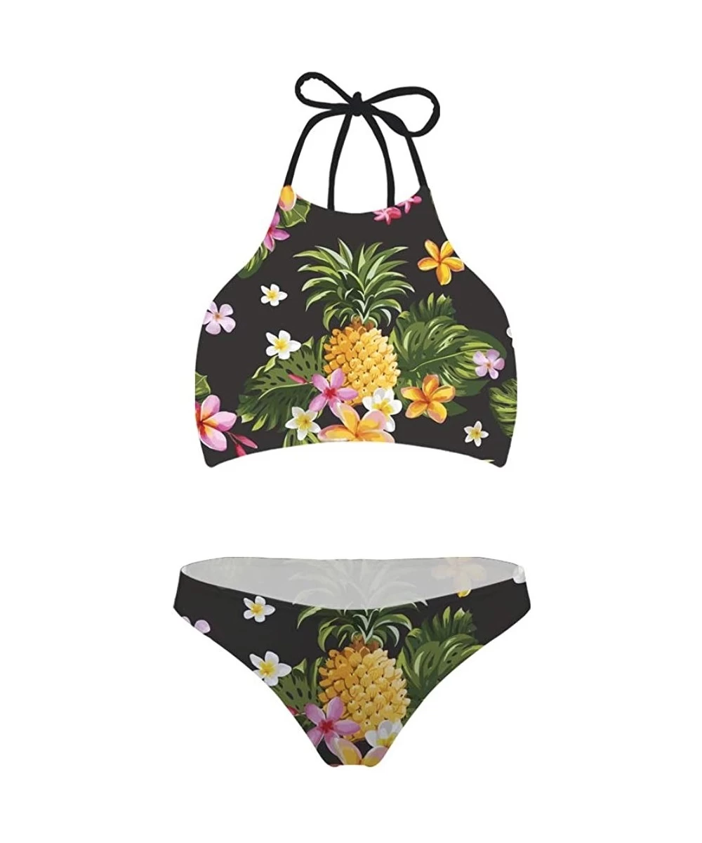 Sets Women's Tropical Plant Fruit Pattern Swimsuit High Neck Push Up Padding Bikini Sets - Pineapple 3 - CN18Q7GTWTU