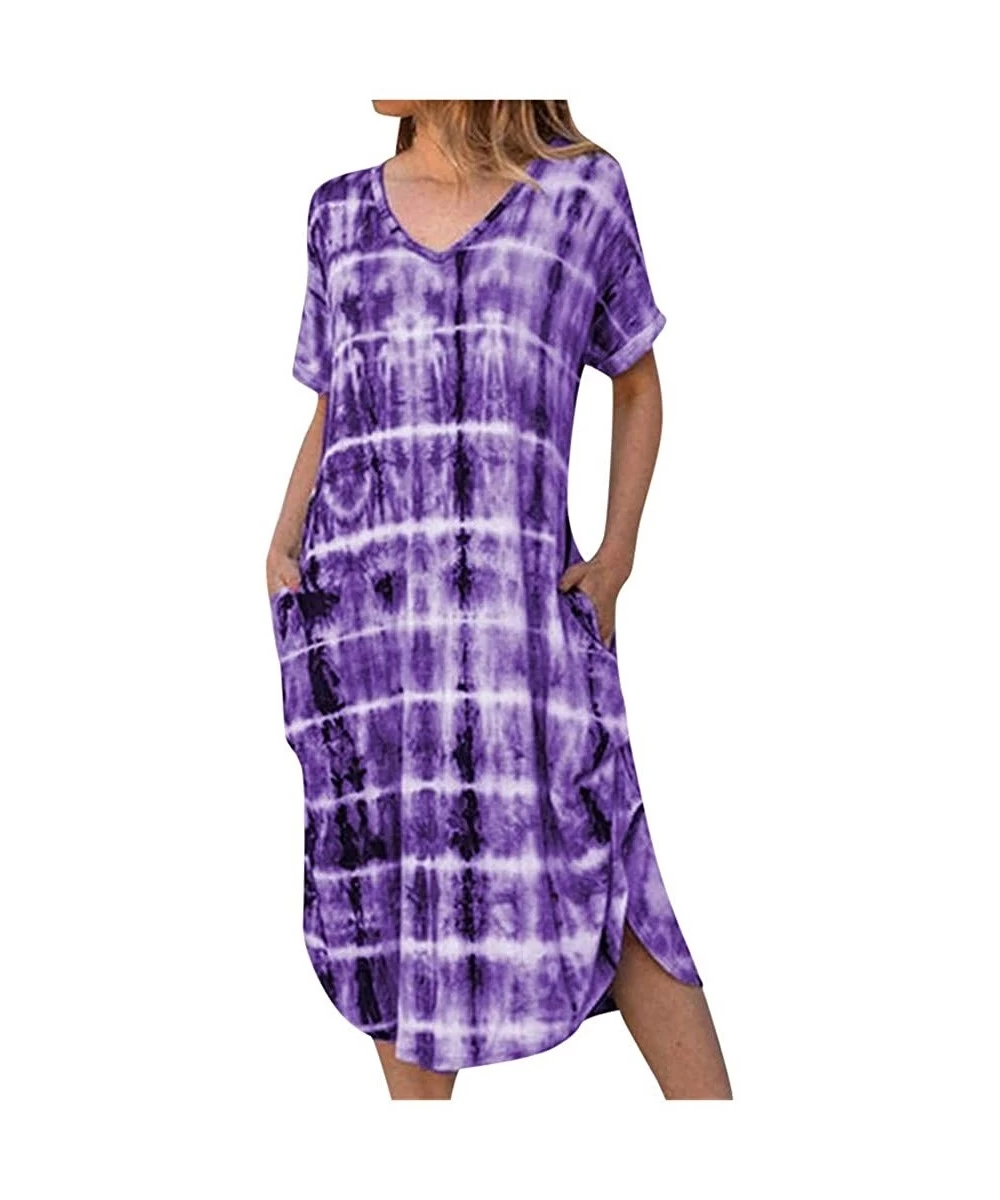 Cover-Ups Summer Dresses for Women Plus Size V Neck Tie Dyeing Print Dress Casual Short Sleeve Dress Beach Boho Dress Y d Pur...