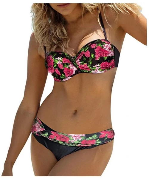 Sets Women Swimwear Sunflower Print Beachwear 2 Pieces Bikini Swimsuit Bathing Suit - Red - CI193XDACZR