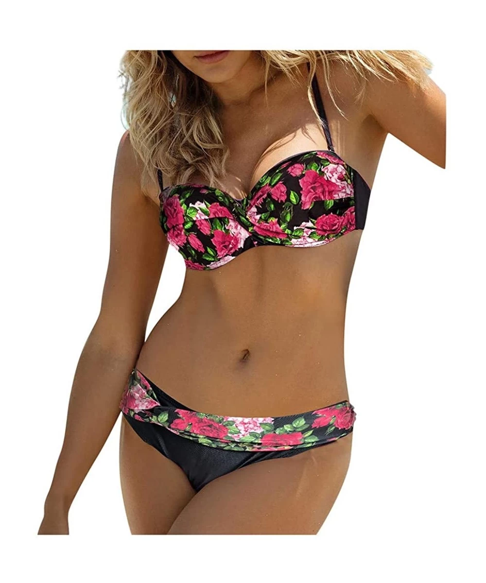 Sets Women Swimwear Sunflower Print Beachwear 2 Pieces Bikini Swimsuit Bathing Suit - Red - CI193XDACZR