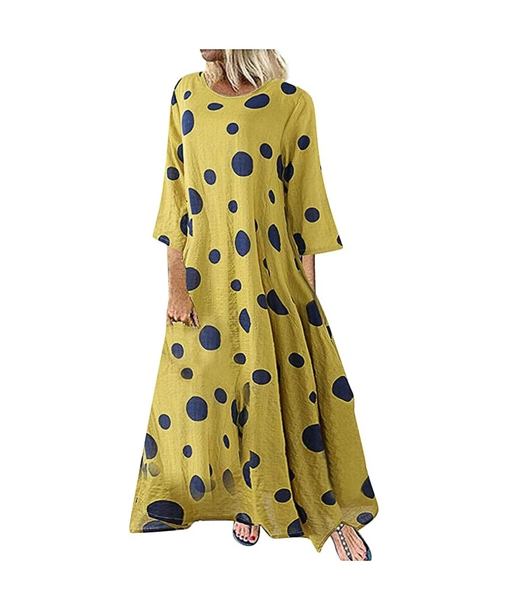 Cover-Ups Boho Dresses for Women Plus Size-Vintage Dot Print Maxi Dress Bohemian Long Dress Long Sleeve Dresses - Yellow - CR...