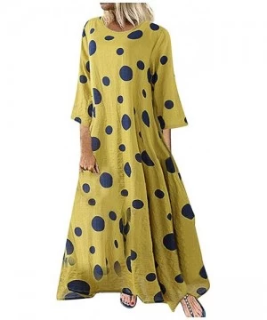 Cover-Ups Boho Dresses for Women Plus Size-Vintage Dot Print Maxi Dress Bohemian Long Dress Long Sleeve Dresses - Yellow - CR...