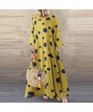 Cover-Ups Boho Dresses for Women Plus Size-Vintage Dot Print Maxi Dress Bohemian Long Dress Long Sleeve Dresses - Yellow - CR...