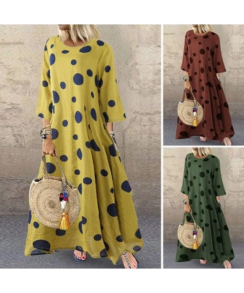 Cover-Ups Boho Dresses for Women Plus Size-Vintage Dot Print Maxi Dress Bohemian Long Dress Long Sleeve Dresses - Yellow - CR...