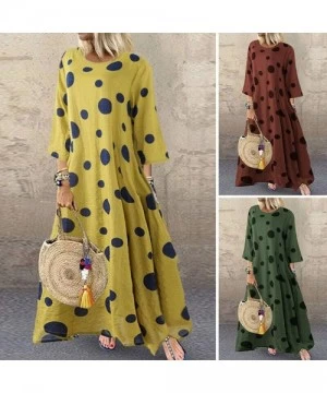 Cover-Ups Boho Dresses for Women Plus Size-Vintage Dot Print Maxi Dress Bohemian Long Dress Long Sleeve Dresses - Yellow - CR...