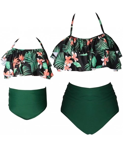 Sets Girls Bikini Swimsuits Mommy and Me Matching Ruffle Off Shoulder Swimwear - Green/ Flower - CX19C5UX772