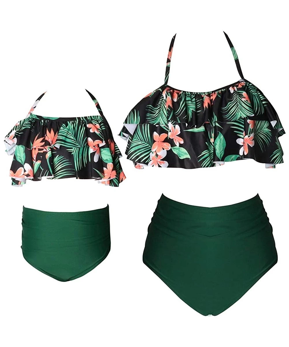 Sets Girls Bikini Swimsuits Mommy and Me Matching Ruffle Off Shoulder Swimwear - Green/ Flower - CX19C5UX772