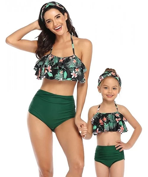 Sets Girls Bikini Swimsuits Mommy and Me Matching Ruffle Off Shoulder Swimwear - Green/ Flower - CX19C5UX772