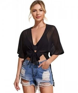 Cover-Ups Women's Summer Printed V Neck Bow Tie Crop Top Blouse - Black Sheer - CM197KUL9ZL