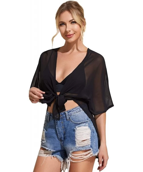 Cover-Ups Women's Summer Printed V Neck Bow Tie Crop Top Blouse - Black Sheer - CM197KUL9ZL