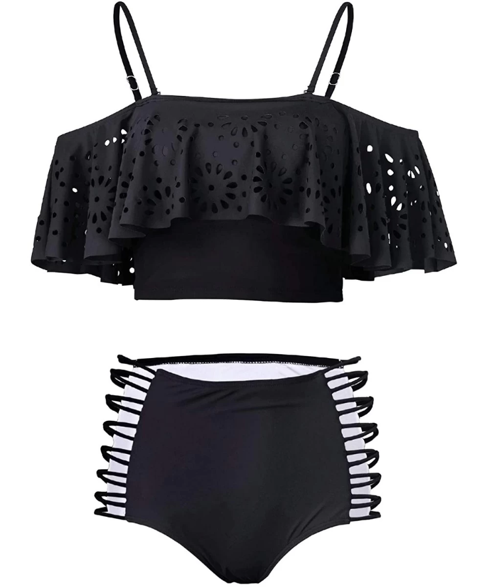 Sets Women Swimsuits Two Pieces Off Shoulder Ruffle Tankini High Waisted Bathing Suits - Black-40 - CL18HZIKL8K