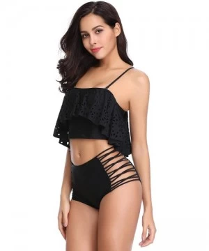 Sets Women Swimsuits Two Pieces Off Shoulder Ruffle Tankini High Waisted Bathing Suits - Black-40 - CL18HZIKL8K