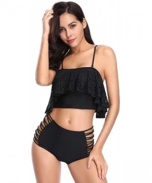 Sets Women Swimsuits Two Pieces Off Shoulder Ruffle Tankini High Waisted Bathing Suits - Black-40 - CL18HZIKL8K