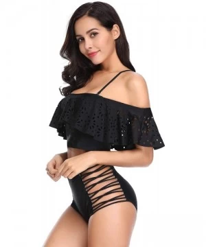 Sets Women Swimsuits Two Pieces Off Shoulder Ruffle Tankini High Waisted Bathing Suits - Black-40 - CL18HZIKL8K