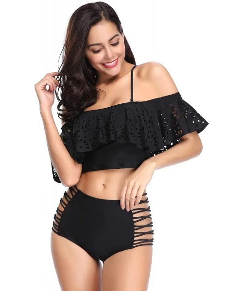 Sets Women Swimsuits Two Pieces Off Shoulder Ruffle Tankini High Waisted Bathing Suits - Black-40 - CL18HZIKL8K