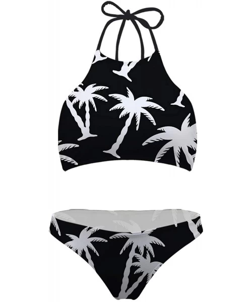 Sets Women Sporty High Neck Tie Bikinis Swimwear Fashion Pattern Padded 2-pc Swimsuit - Palm Tree 1 - CZ18R4KXUWQ