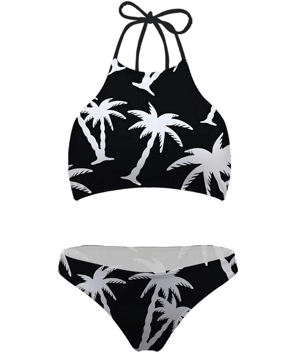 Sets Women Sporty High Neck Tie Bikinis Swimwear Fashion Pattern Padded 2-pc Swimsuit - Palm Tree 1 - CZ18R4KXUWQ