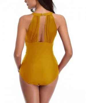 One-Pieces 2019 Women Mesh One Piece Swimsuits Tummy Control Bathing Suit Mock Neck Ruched Monokini Swimwear - Yellow - CK18R...