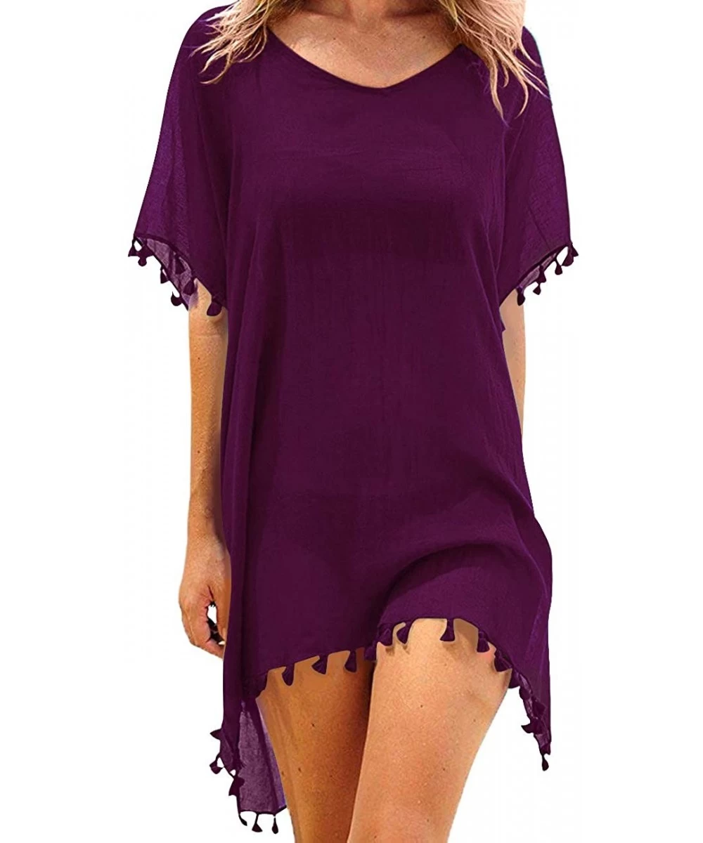 Cover-Ups Women's Chiffon Swimsuits Cover Ups Translucent Tassel Swimwear Bikini Beach Dress - 4004purple - CQ199AM5X3U