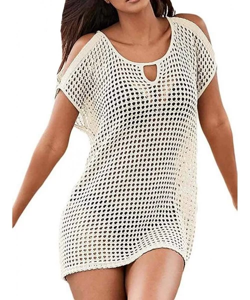 Cover-Ups Women's Crochet Mini Dress Knit Bathing Suit Bikini Swimsuit Cover Up Tunic Top Swimwear Beachwear - White - CV11YG...