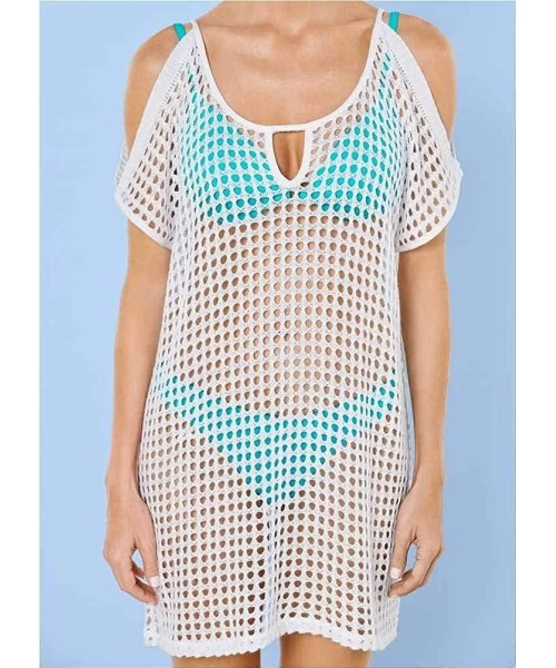 Cover-Ups Women's Crochet Mini Dress Knit Bathing Suit Bikini Swimsuit Cover Up Tunic Top Swimwear Beachwear - White - CV11YG...