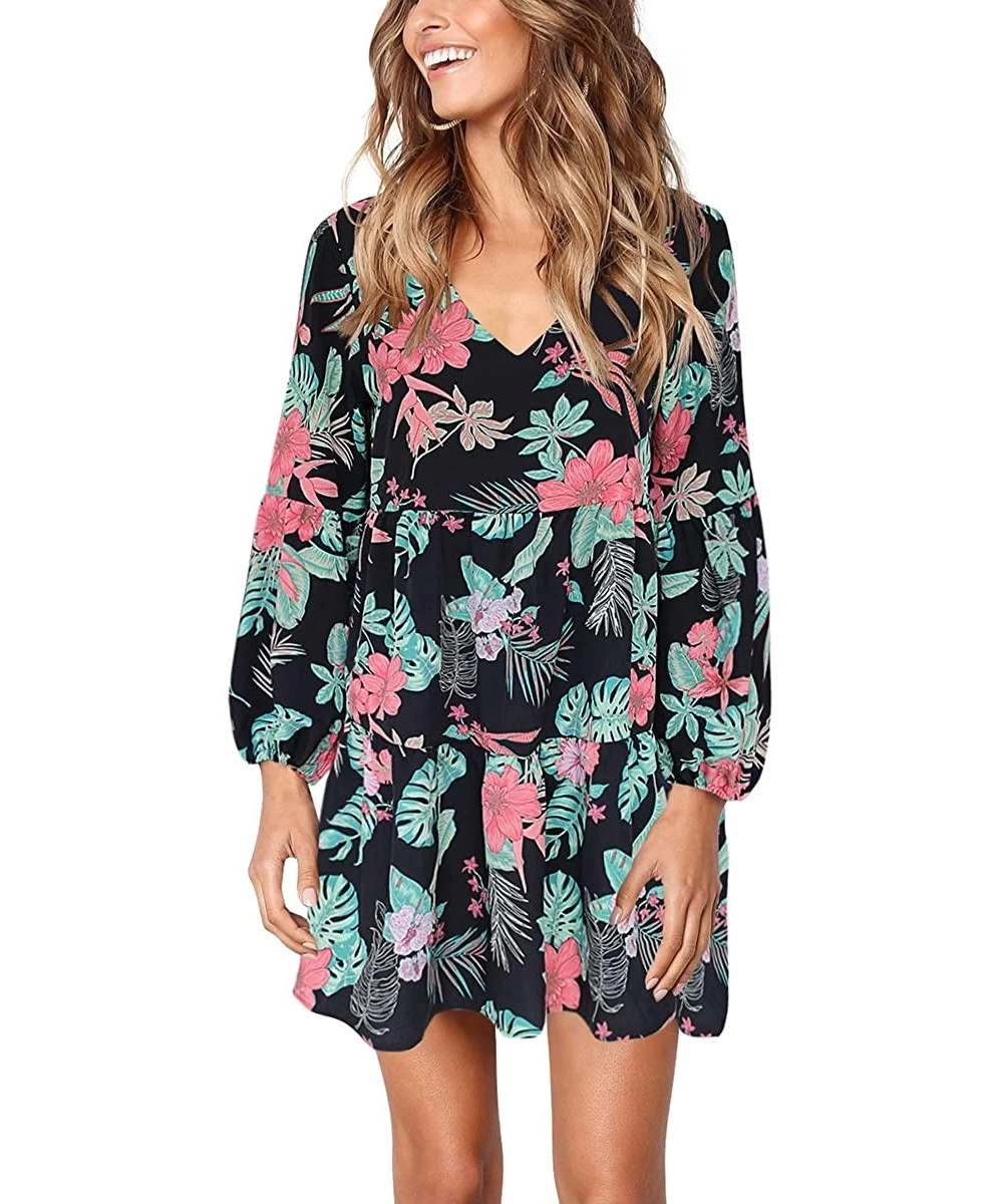 Cover-Ups Womens Printed Swing Shift Dress Long Sleeve V Neck Tunic Dress - D-red Flower - C018A9SHYXO