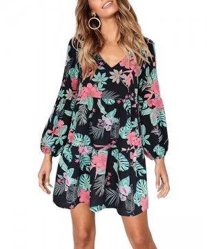 Cover-Ups Womens Printed Swing Shift Dress Long Sleeve V Neck Tunic Dress - D-red Flower - C018A9SHYXO