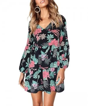 Cover-Ups Womens Printed Swing Shift Dress Long Sleeve V Neck Tunic Dress - D-red Flower - C018A9SHYXO