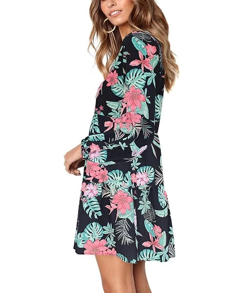 Cover-Ups Womens Printed Swing Shift Dress Long Sleeve V Neck Tunic Dress - D-red Flower - C018A9SHYXO