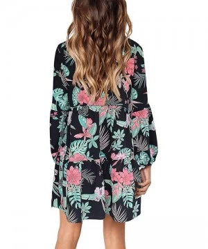 Cover-Ups Womens Printed Swing Shift Dress Long Sleeve V Neck Tunic Dress - D-red Flower - C018A9SHYXO