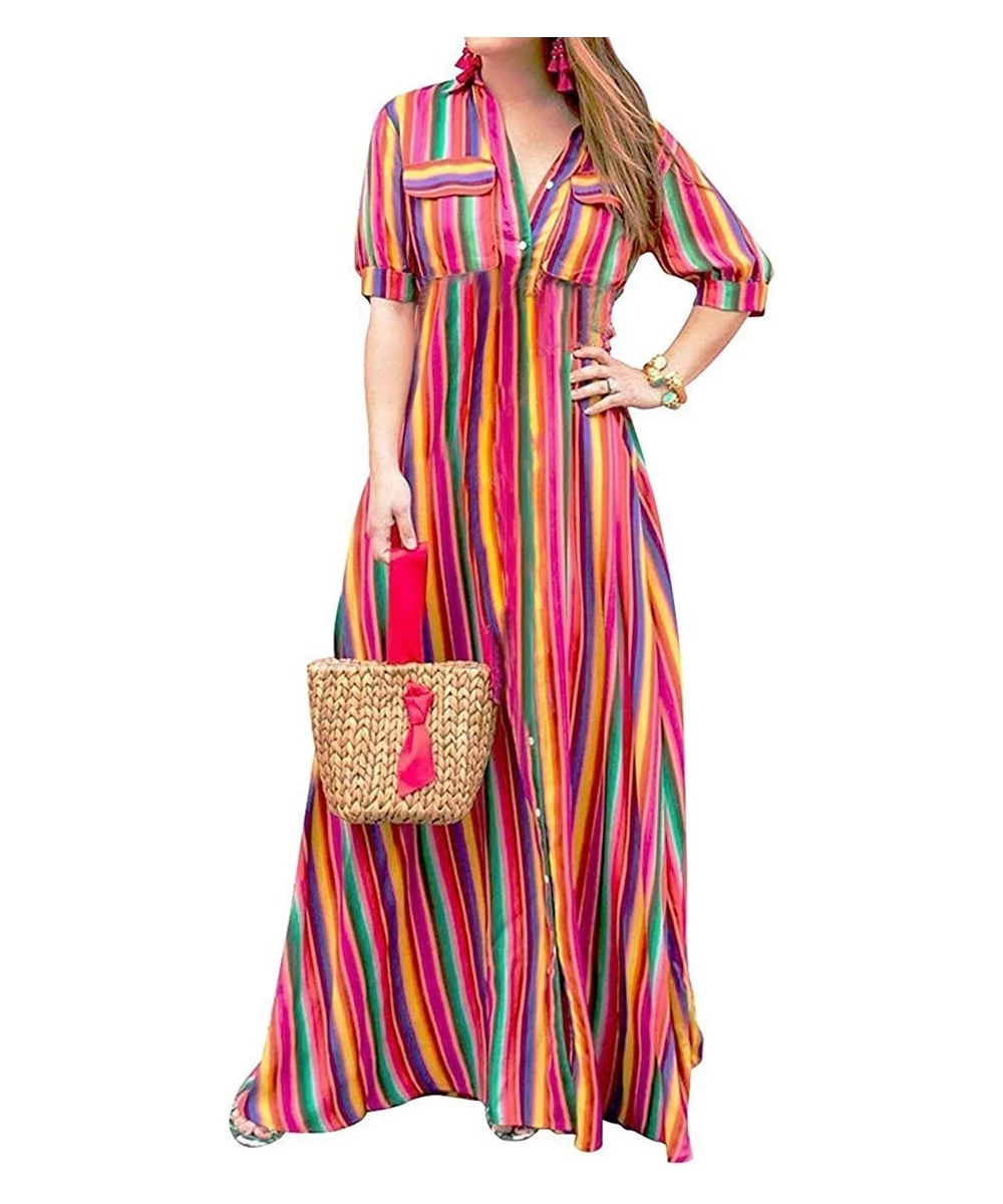 Cover-Ups Swing Fashion Dress Colorful Stripes Printed Flowy Casual Dress for Women - 39 Red - CZ18QUZX9K8