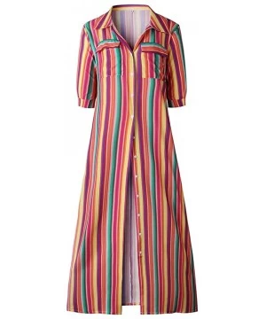 Cover-Ups Swing Fashion Dress Colorful Stripes Printed Flowy Casual Dress for Women - 39 Red - CZ18QUZX9K8