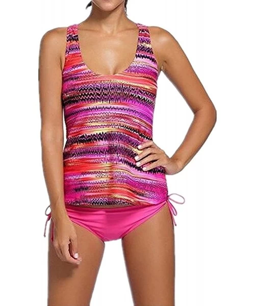 Racing Womens Padded 3 Piece Printed Tankini Swimsuit Bathing Suit - Red - CZ17AAY2X7N