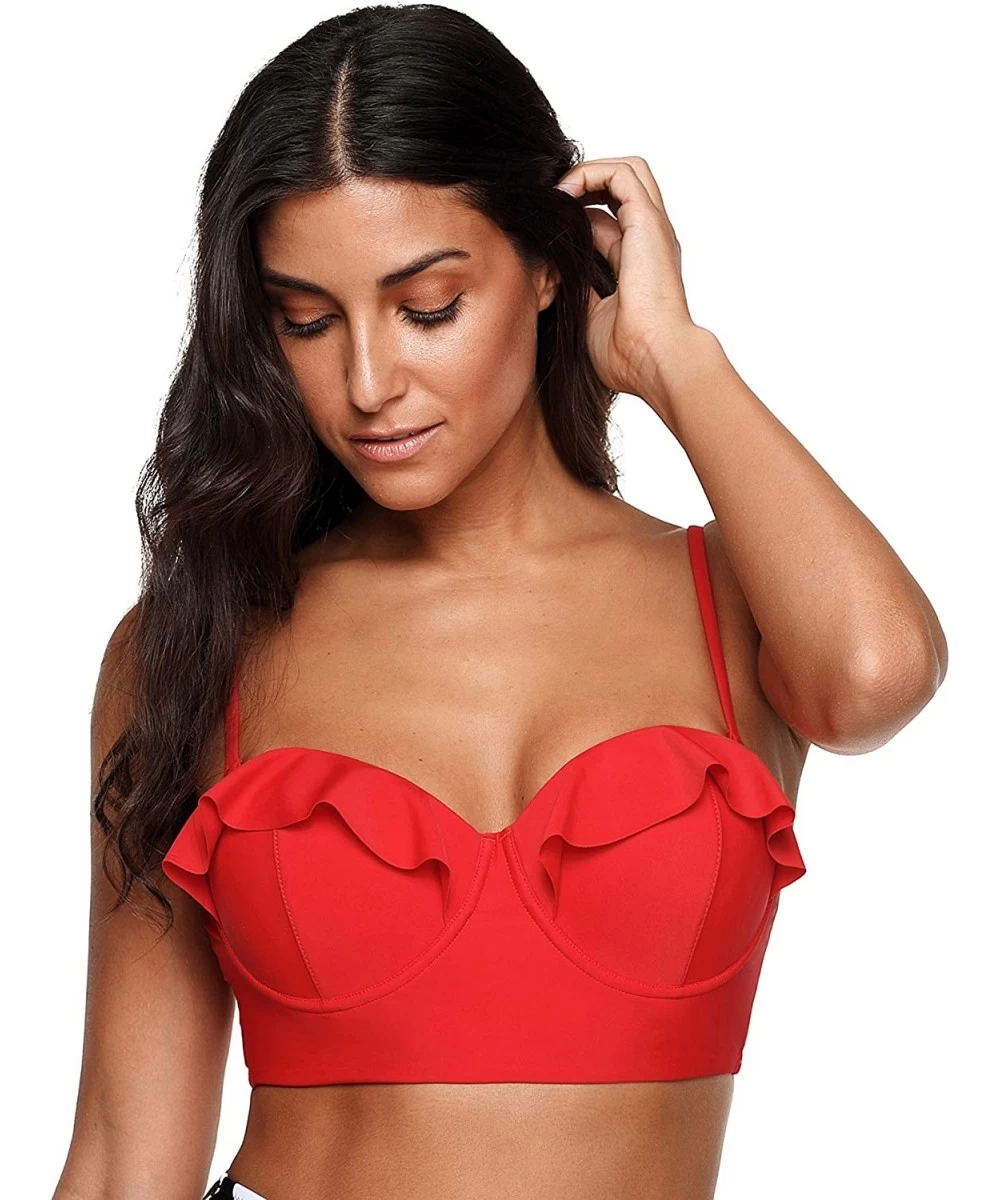 Tankinis Solid/Floral Ruffle Summer Beach Swim Push Up Tops Pin Up Swimwear - Red - CY18GDOLE3U