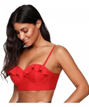 Tankinis Solid/Floral Ruffle Summer Beach Swim Push Up Tops Pin Up Swimwear - Red - CY18GDOLE3U