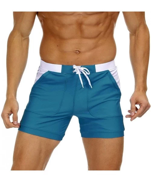 Briefs Men's Swimwear Swimsuits Solid Basic Long Swim Boxer Trunks Board Shorts with Pockets - Peacock Blue - CT19EW05M0H