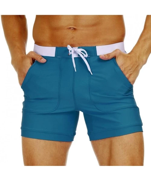 Briefs Men's Swimwear Swimsuits Solid Basic Long Swim Boxer Trunks Board Shorts with Pockets - Peacock Blue - CT19EW05M0H