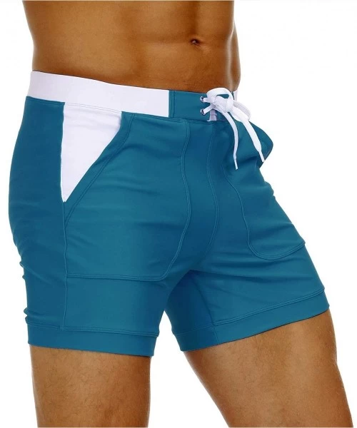 Briefs Men's Swimwear Swimsuits Solid Basic Long Swim Boxer Trunks Board Shorts with Pockets - Peacock Blue - CT19EW05M0H