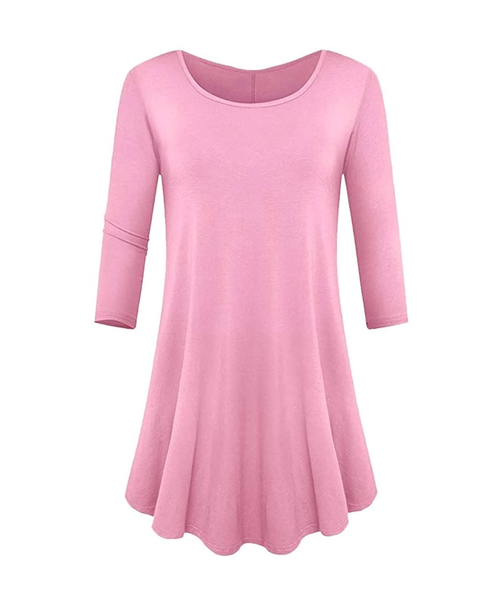 Bottoms Blouses for Womens- Womens Three Quarter Sleeve Loose Fit Swing Tunic Tops Basic T Shirt Blouse - Pink - CD18N6ZR02A