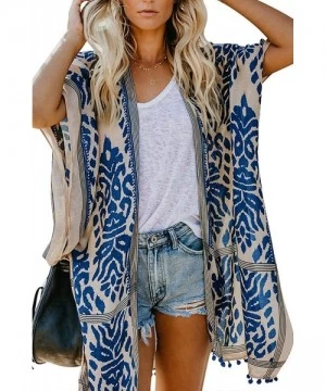 Cover-Ups Women's Beach Swimwear Cover Up Kimono Loose Tops Floral Blouse Cardigan - Blue - C018SYLU2IS