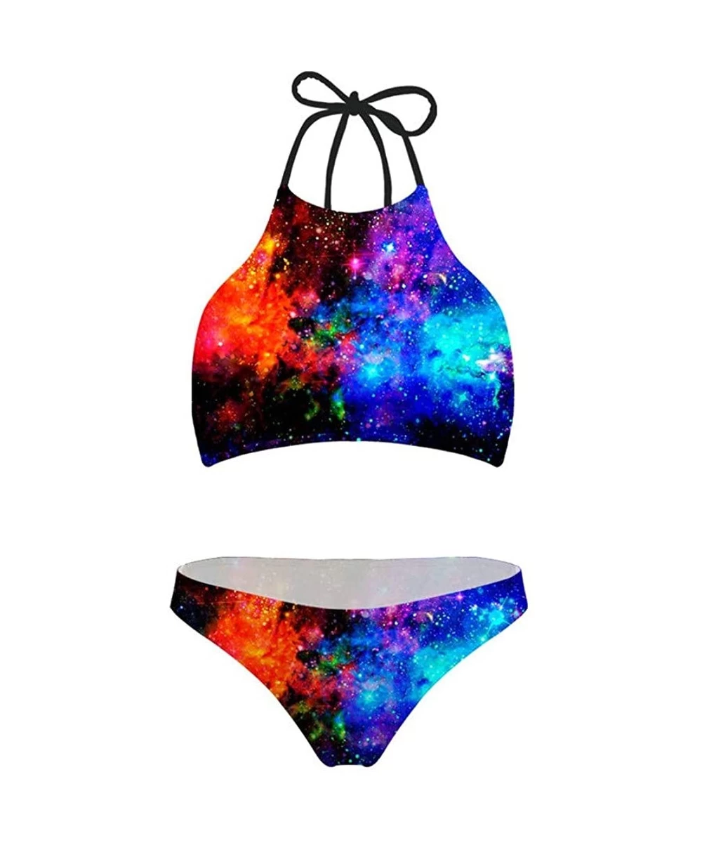 Sets Women Ethnic Tie Halter Padding Bikini 2 Piece Galaxy Swimsuit - Print 3 - CX18N8ZYMED