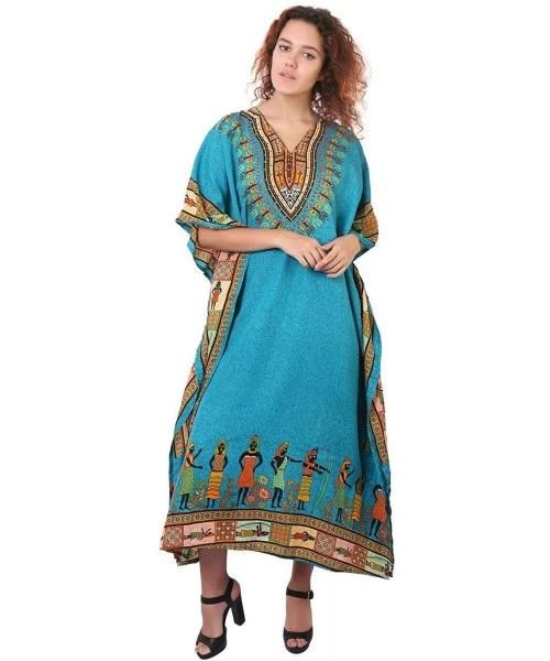 Cover-Ups Floral Long Kaftan Maxi Dress Womens Summer Holiday Beach Kaftan Dresses for Women - Teal Blue_a - CO190OTEOTC