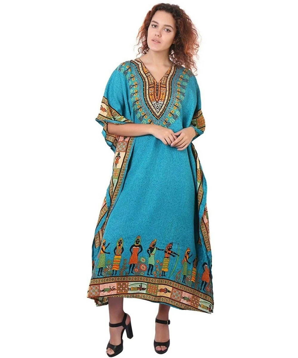 Cover-Ups Floral Long Kaftan Maxi Dress Womens Summer Holiday Beach Kaftan Dresses for Women - Teal Blue_a - CO190OTEOTC