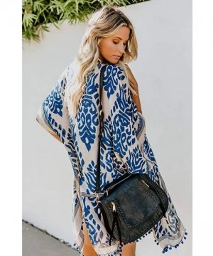 Cover-Ups Women's Beach Swimwear Cover Up Kimono Loose Tops Floral Blouse Cardigan - Blue - C018SYLU2IS