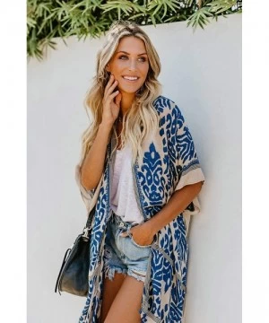 Cover-Ups Women's Beach Swimwear Cover Up Kimono Loose Tops Floral Blouse Cardigan - Blue - C018SYLU2IS